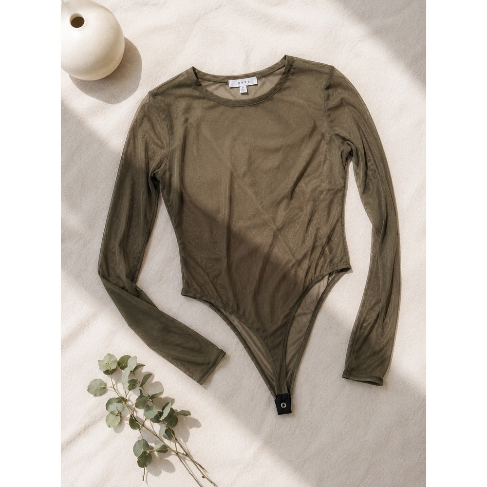 Gaze Olive Green Sheer Mesh Long Sleeve Bodysuit Womens Medium Snap Closure